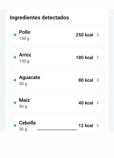 Pantalla real de la app: los ingredientes detectados con sus gramos y calorías, pollo 150 g, arroz 150 g, aguacate 50 g, maíz 50 g, cebolla 30 g
