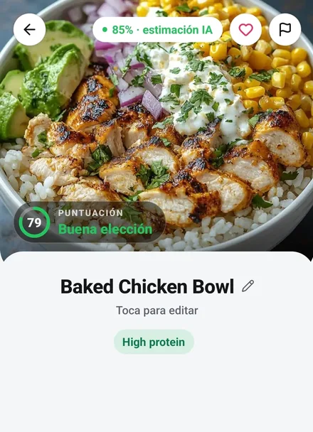 Pantalla real de la app: el resultado, Baked Chicken Bowl, puntuación de salud 79, el nombre listo para editar