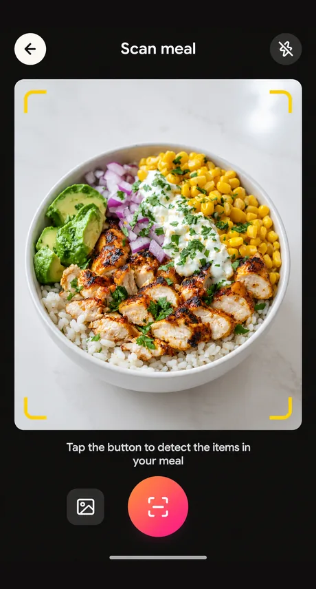 The scan screen: the camera framing a chicken bowl, ready to detect the items in it