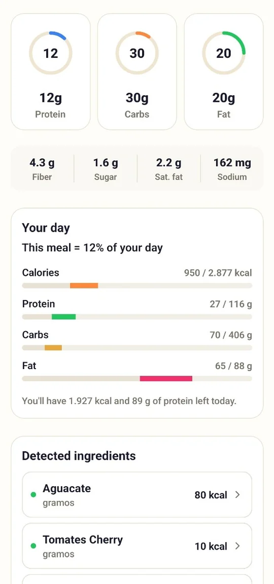 Pantalla del resultado del escaneo — anillos de proteína, carbohidratos y grasa, fibra, azúcar y sodio, y los totales del día