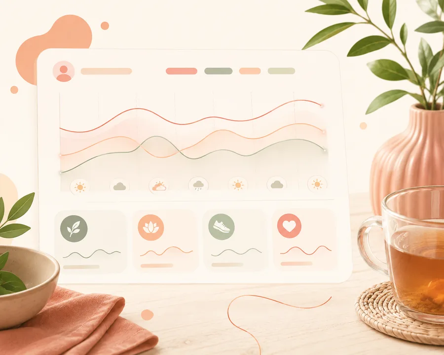 Weekly trend lines above habit tiles, on a tablet beside a cup of tea