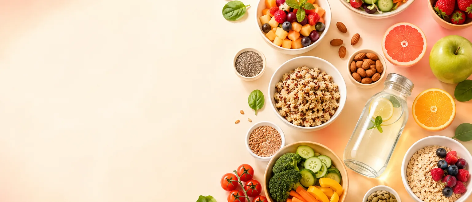 A spread of fresh, colourful healthy food on a warm cream table