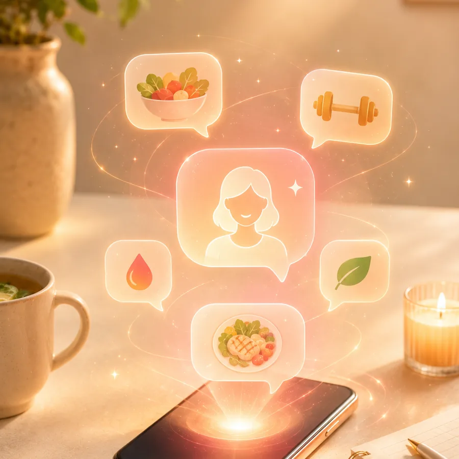 A phone projecting chat bubbles with food, water and activity icons
