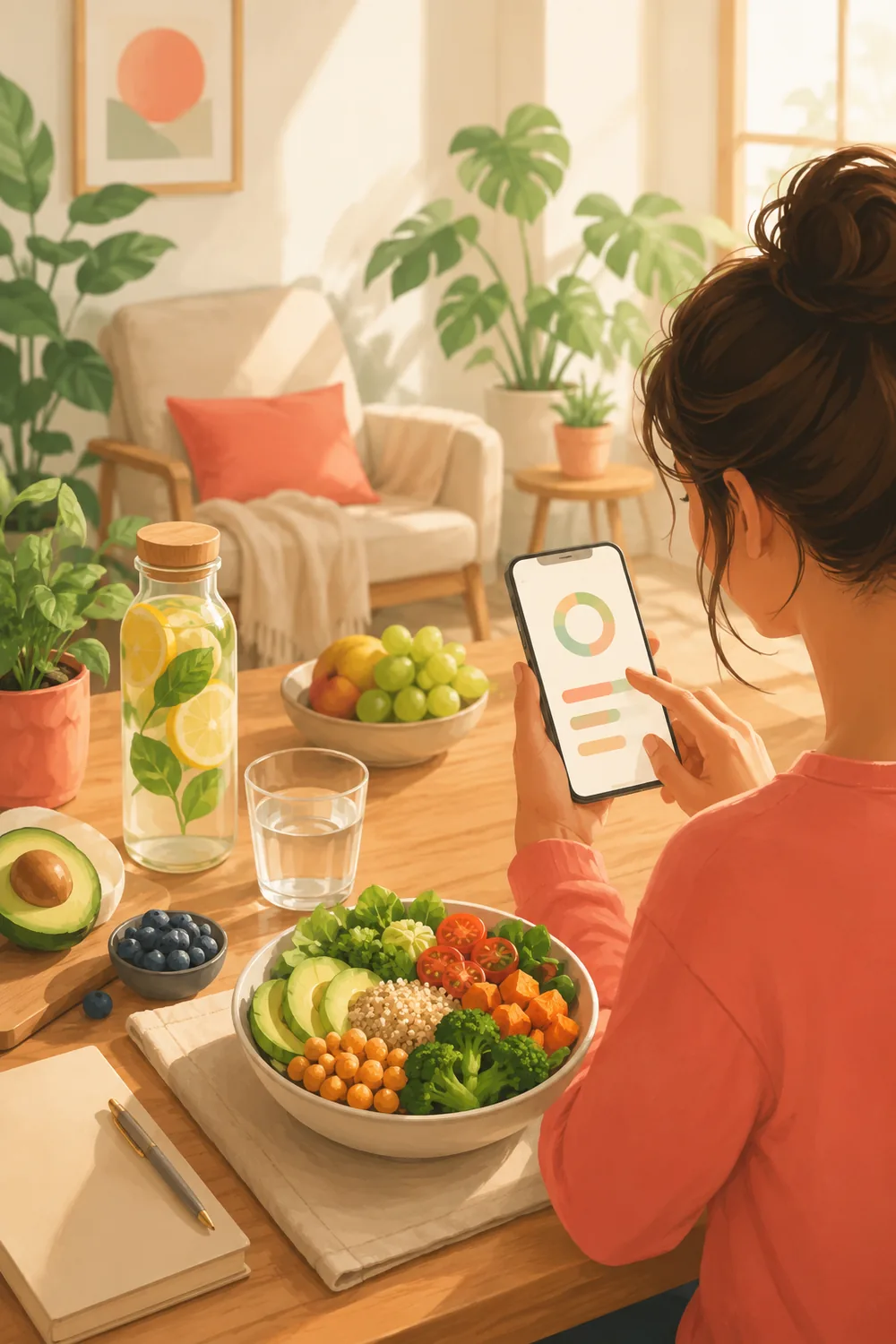 A woman at a sunlit table checking a macro ring on her phone beside a fresh grain bowl