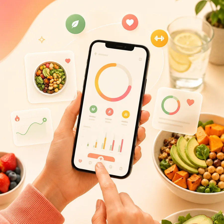 Hands holding a phone showing calorie rings and weekly charts