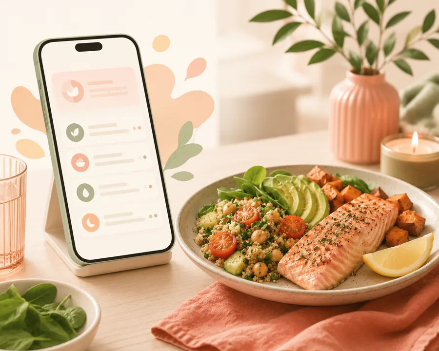 A phone showing a short list of suggestions, standing beside a salmon and quinoa plate