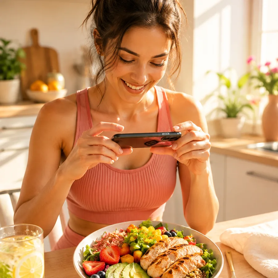 Someone photographing a colourful salad bowl with their phone