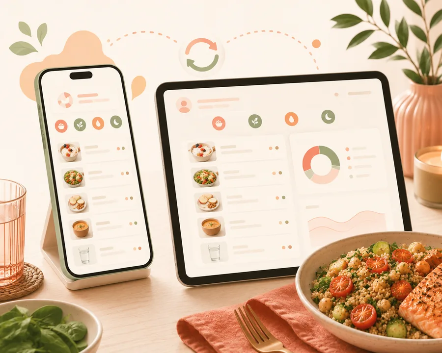 The same food diary open on a phone and a tablet, with a sync symbol between them